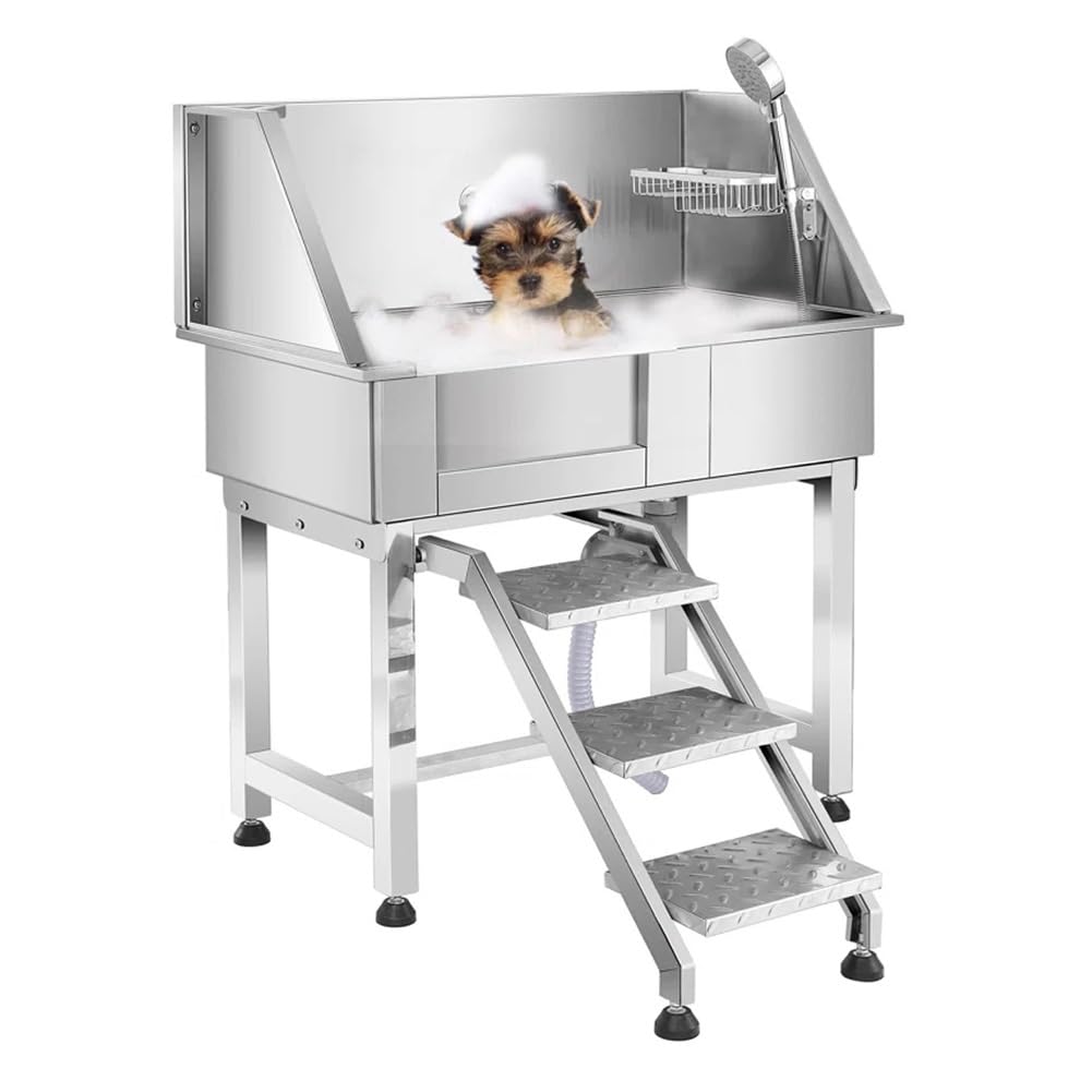 34" Stainless Steel Pet Dog Grooming Bath Tub with Walk-in Stairs F97440
