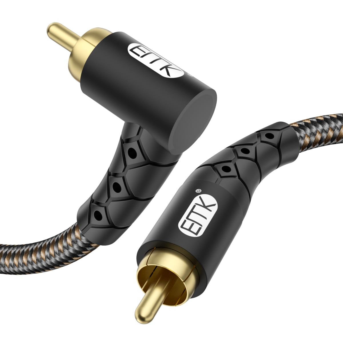 90 Degree RCA Subwoofer Cable 24K Gold-Plated Nylon Braided Double Shielded Black 10ft V1585