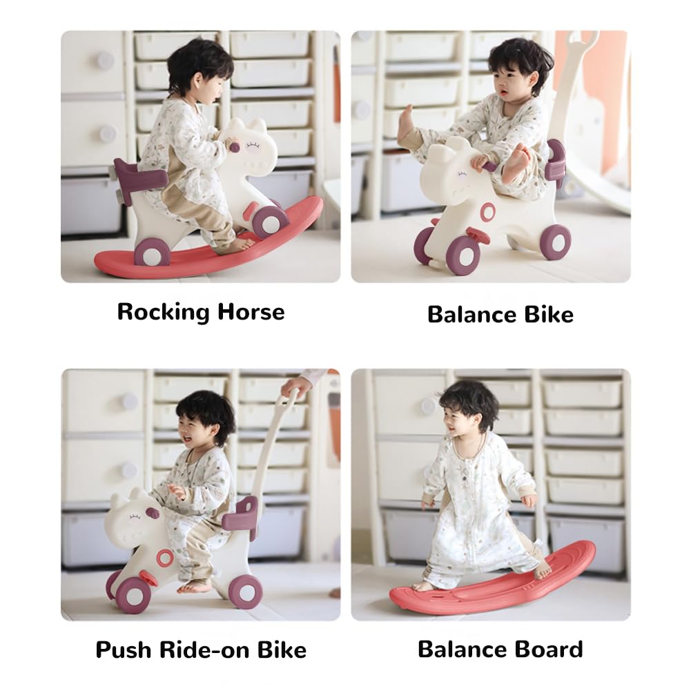 4 in 1 Rocking Horse Balance Bike Ride On Toy with Push Handle E409