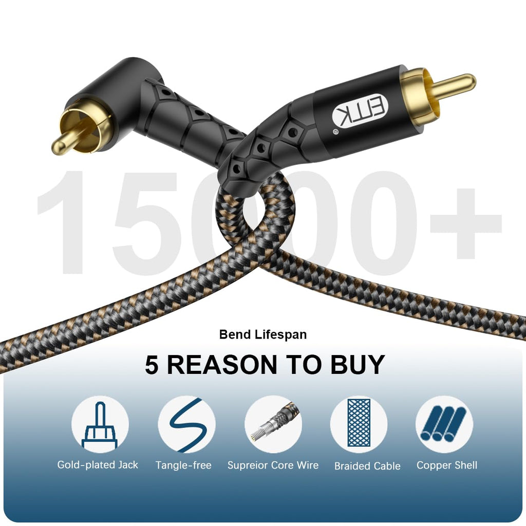 90 Degree RCA Subwoofer Cable 24K Gold-Plated Nylon Braided Double Shielded Black 10ft V1585