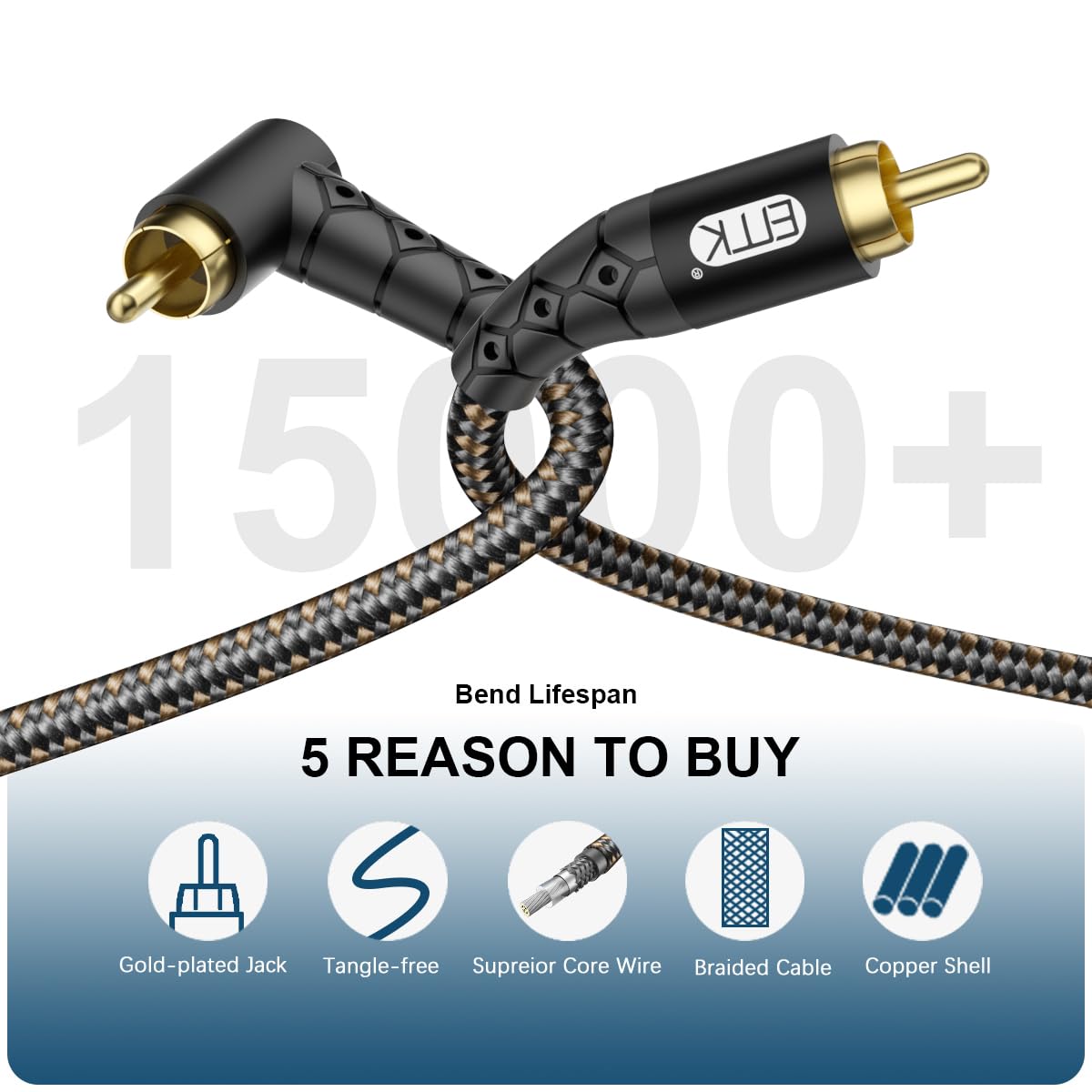 90 Degree RCA Subwoofer Cable 24K Gold-Plated Nylon Braided Double Shielded Black 10ft V1585