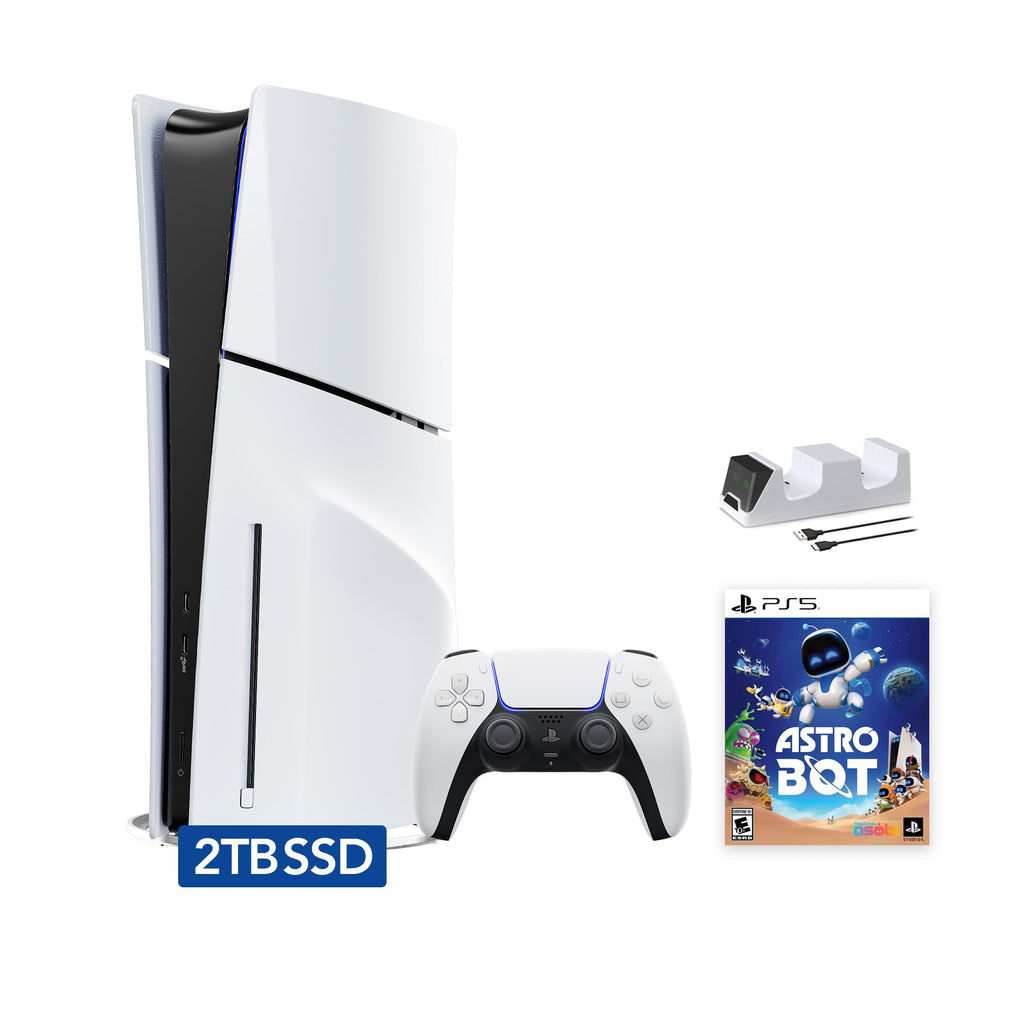 White PlayStation 5 Slim Disc 2TB SSD Console Bundle with Dual-Controller Charger T986904