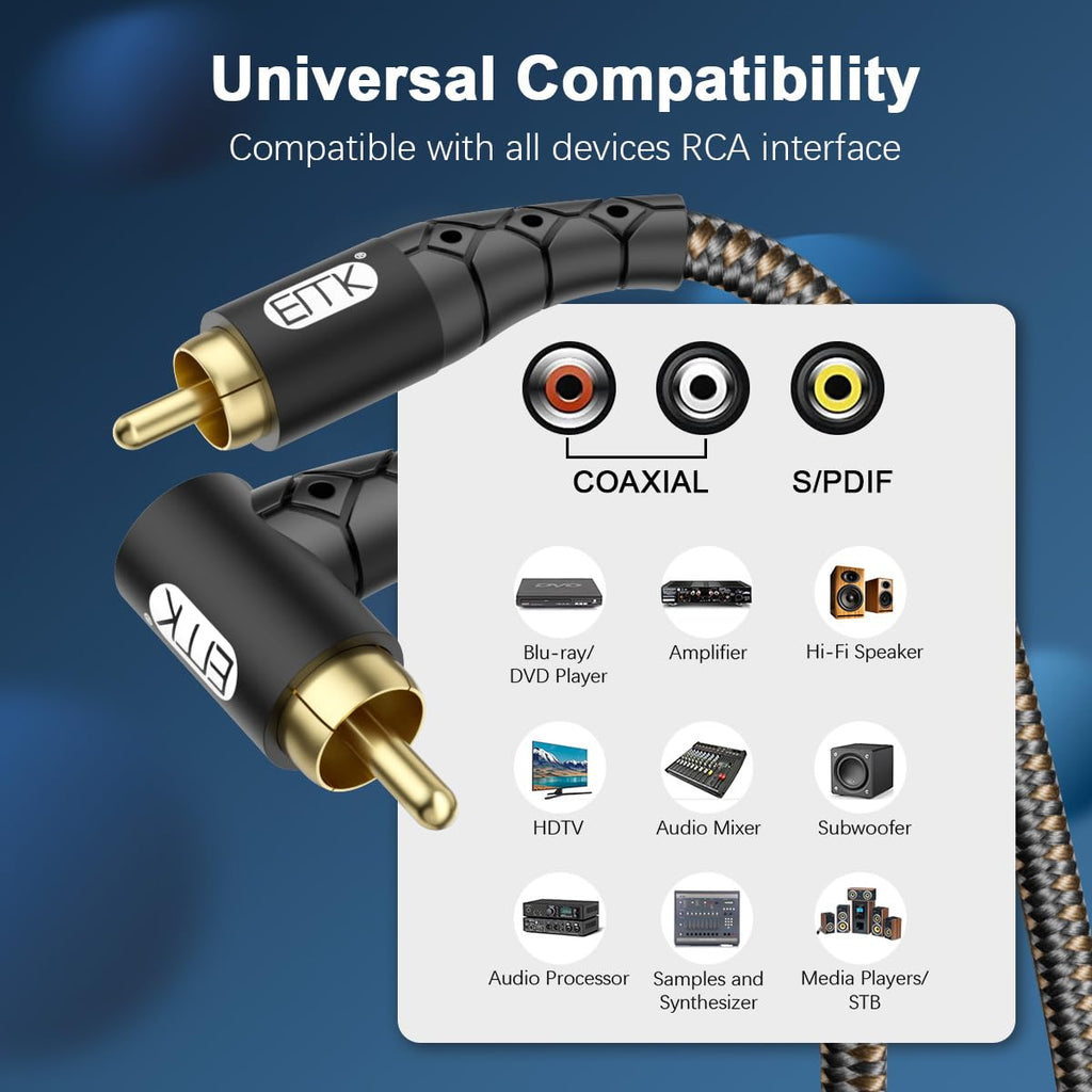 90 Degree RCA Subwoofer Cable 24K Gold-Plated Nylon Braided Double Shielded Black 10ft V1585