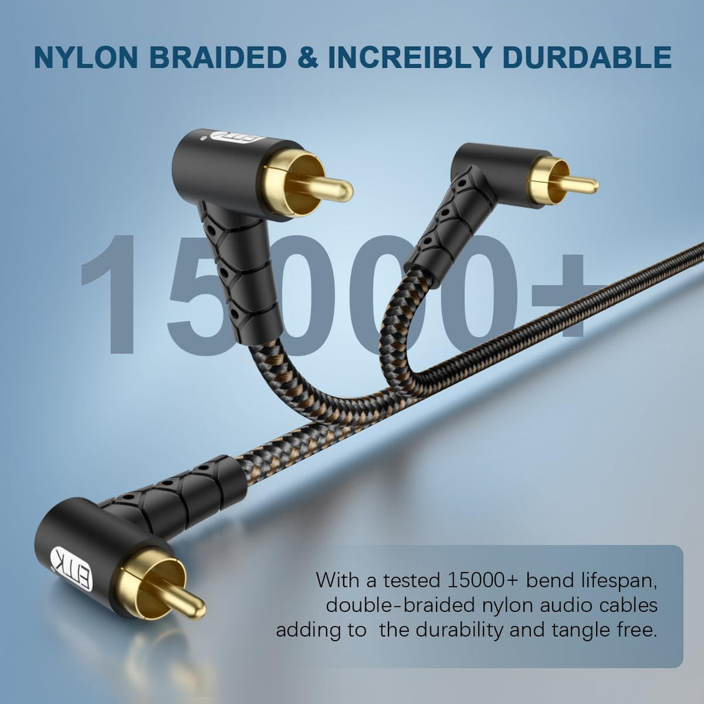 90 Degree RCA Subwoofer Cable 24K Gold-Plated Nylon Braided Double Shielded Black 10ft V1585