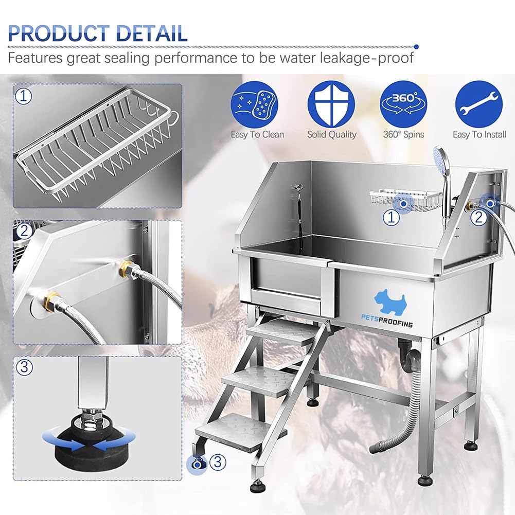 34" Stainless Steel Pet Dog Grooming Bath Tub with Walk-in Stairs F97440