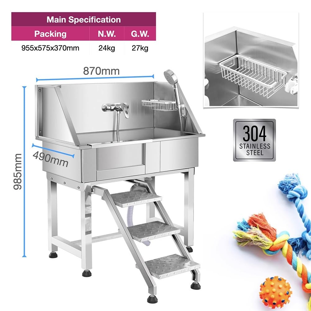 34" Stainless Steel Pet Dog Grooming Bath Tub with Walk-in Stairs F97440