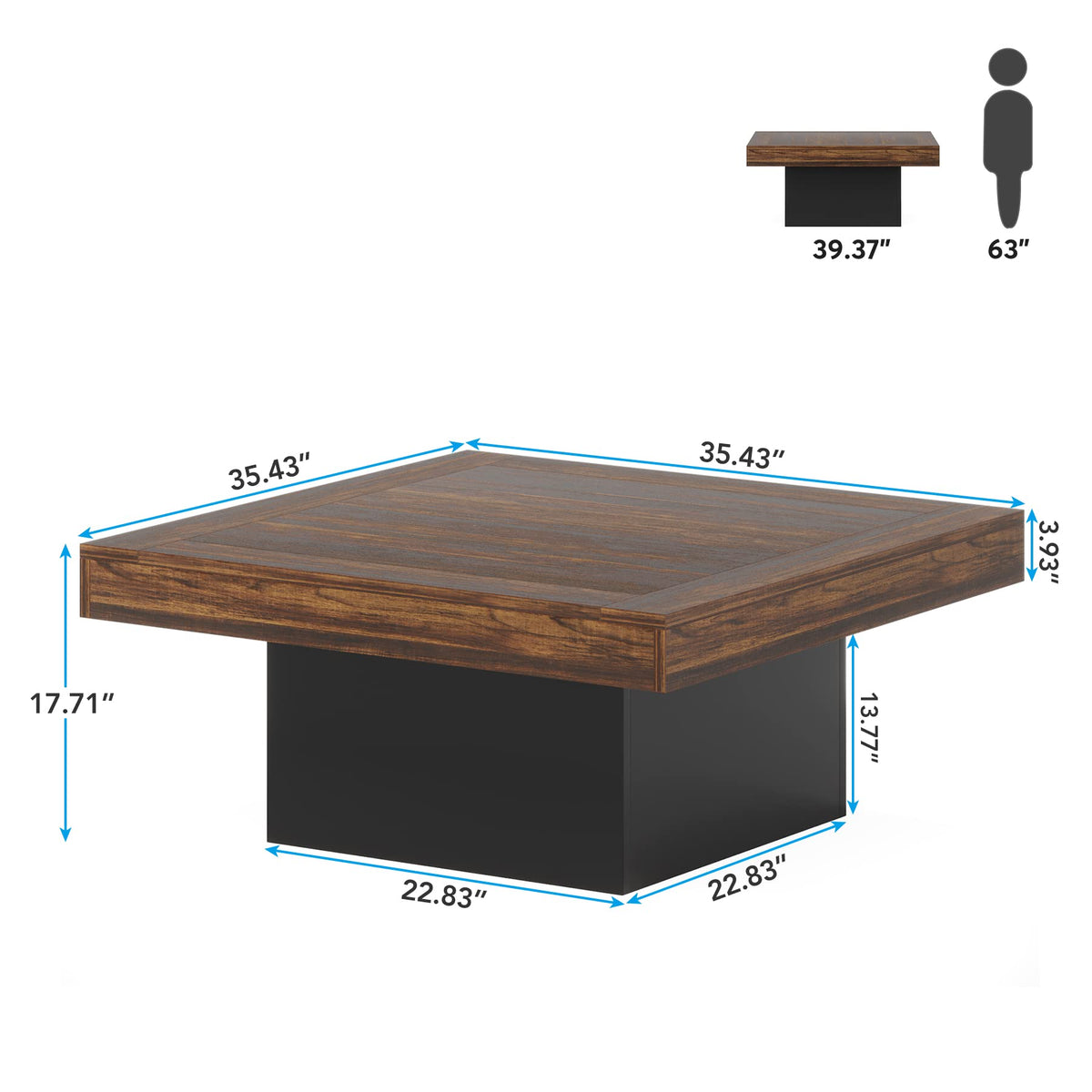35.4-Inch Square Wood Coffee Table with LED Light X700251