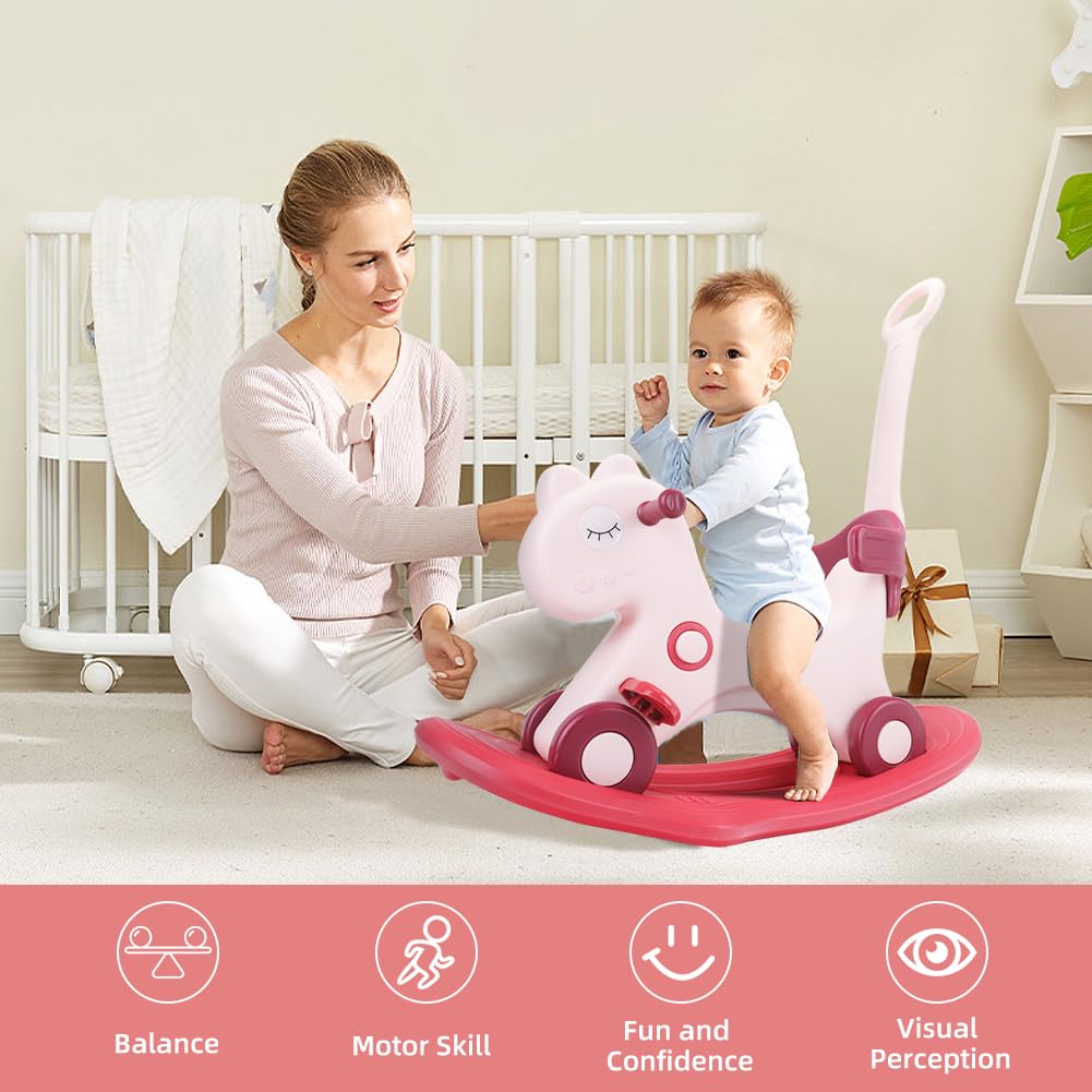 4 in 1 Rocking Horse Balance Bike Ride On Toy with Push Handle E409