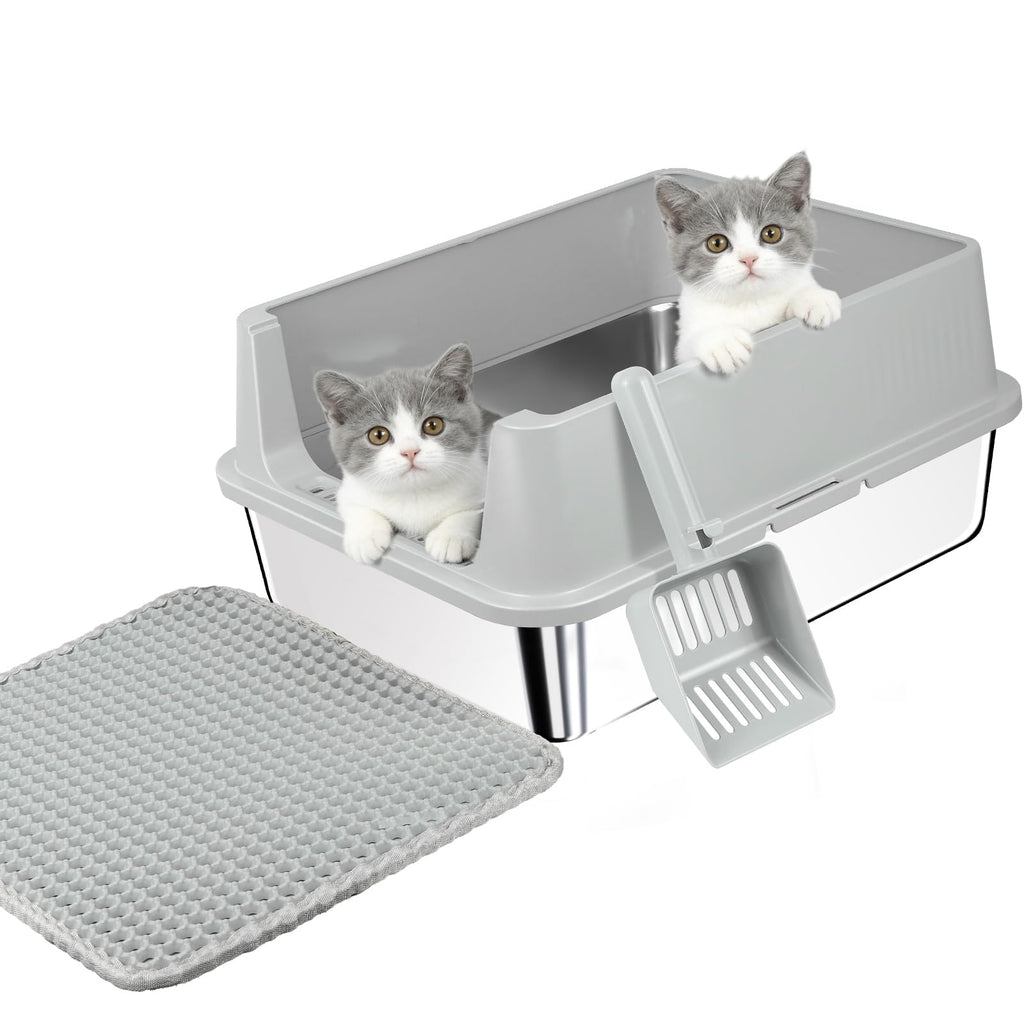 Stainless Steel Cat Litter Box with High Sides, Litter Mat, Scoop J6822