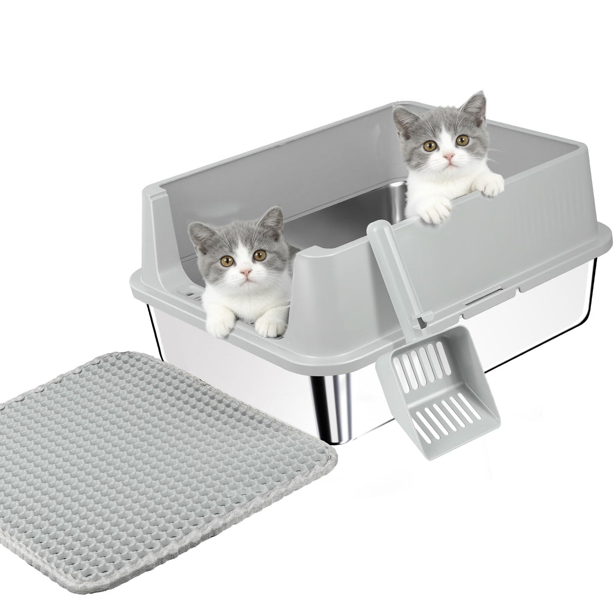 Stainless Steel Cat Litter Box with High Sides, Litter Mat, Scoop J6822