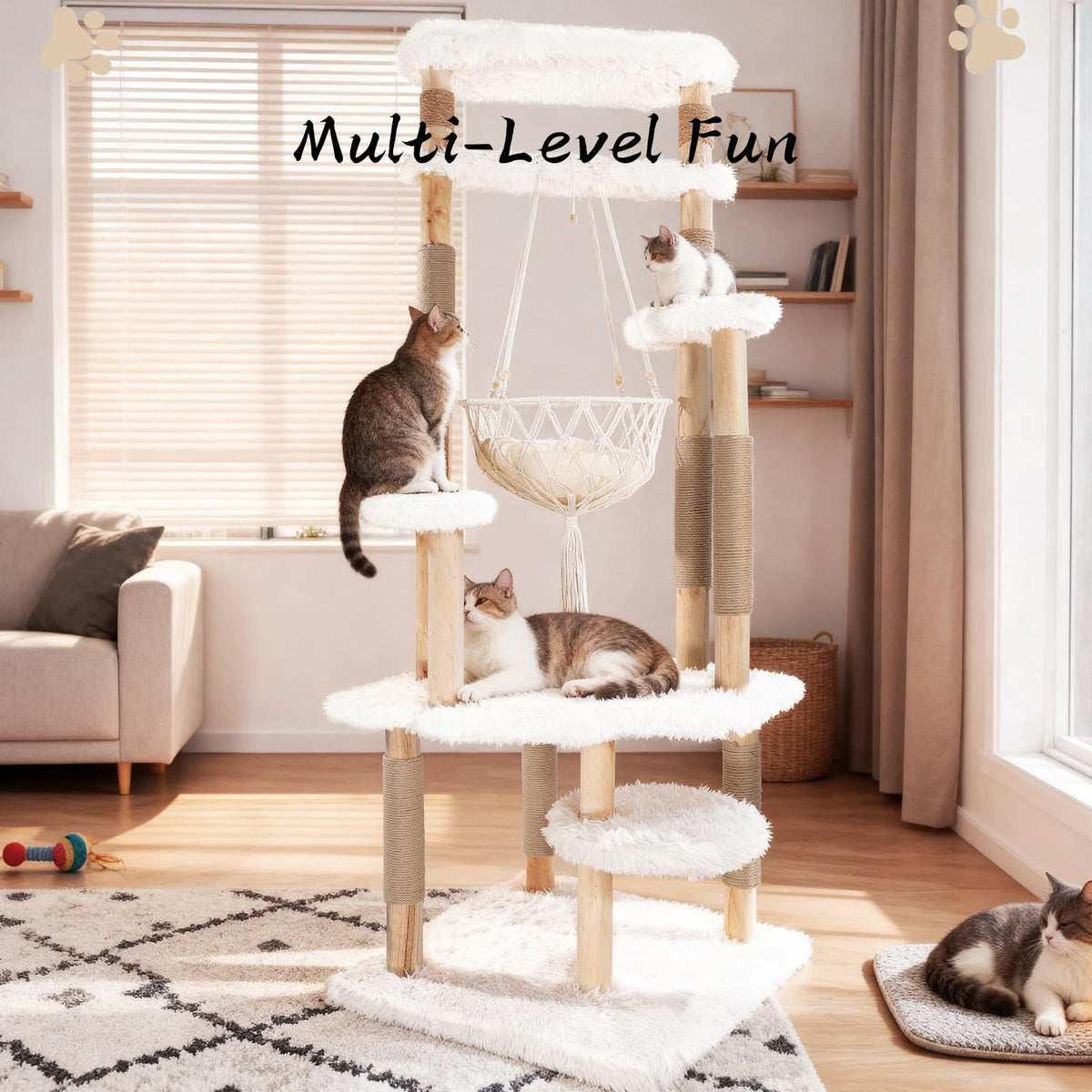 70" Tall Natural Solid Wooden Cat Tree Tower with Scratch Posts H780