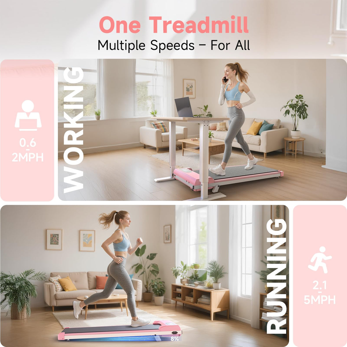 Pink 3 in 1 Portable Walking Pad Treadmill E526254