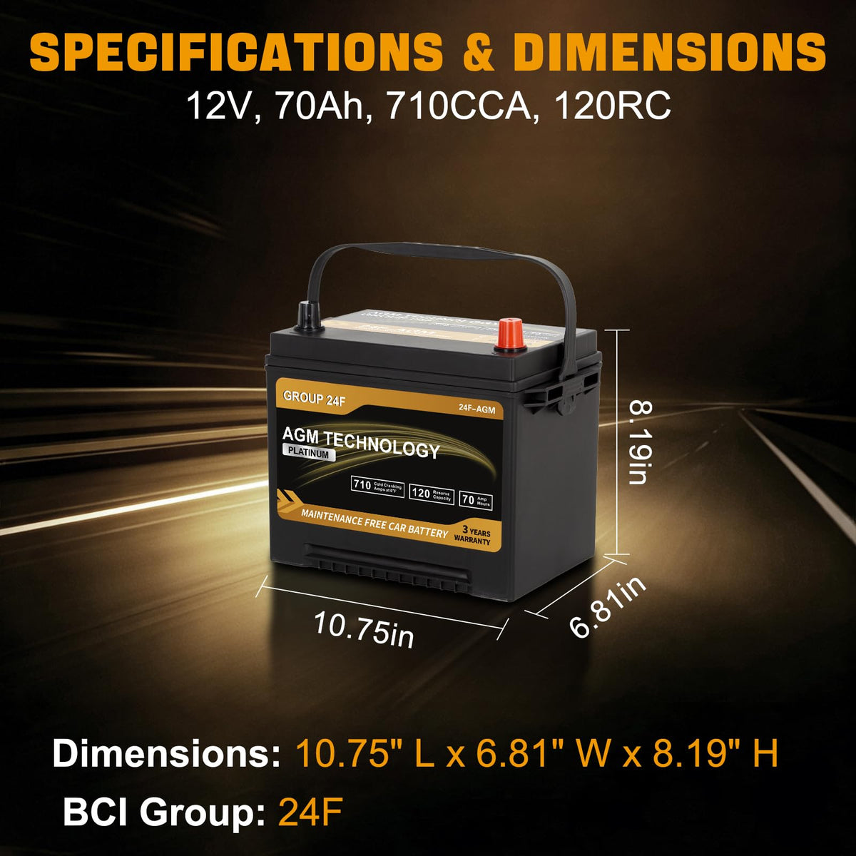AGM Car Battery Group Size 24F 12V 70Ah 710 CCA G1262