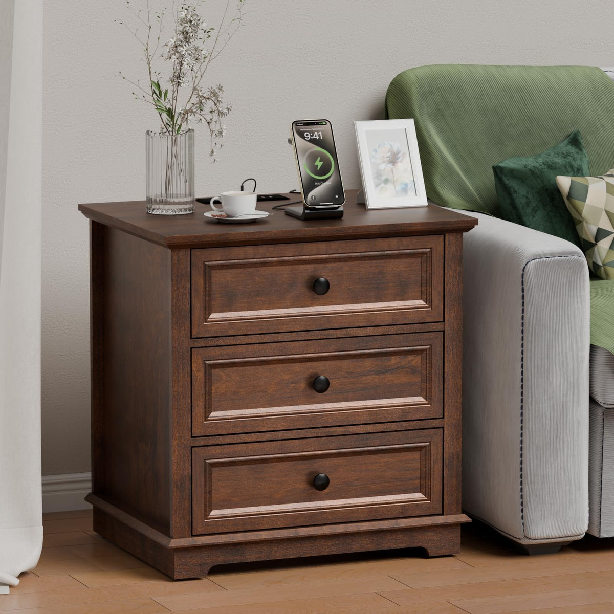 Cherry 3 Drawer Wood Nightstand with Charging Station W17497