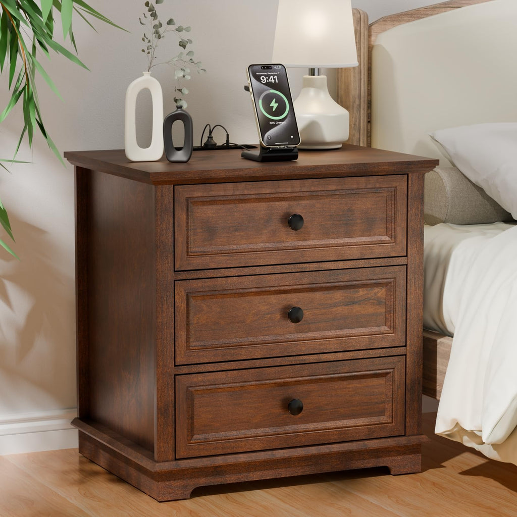 Cherry 3 Drawer Wood Nightstand with Charging Station W17497