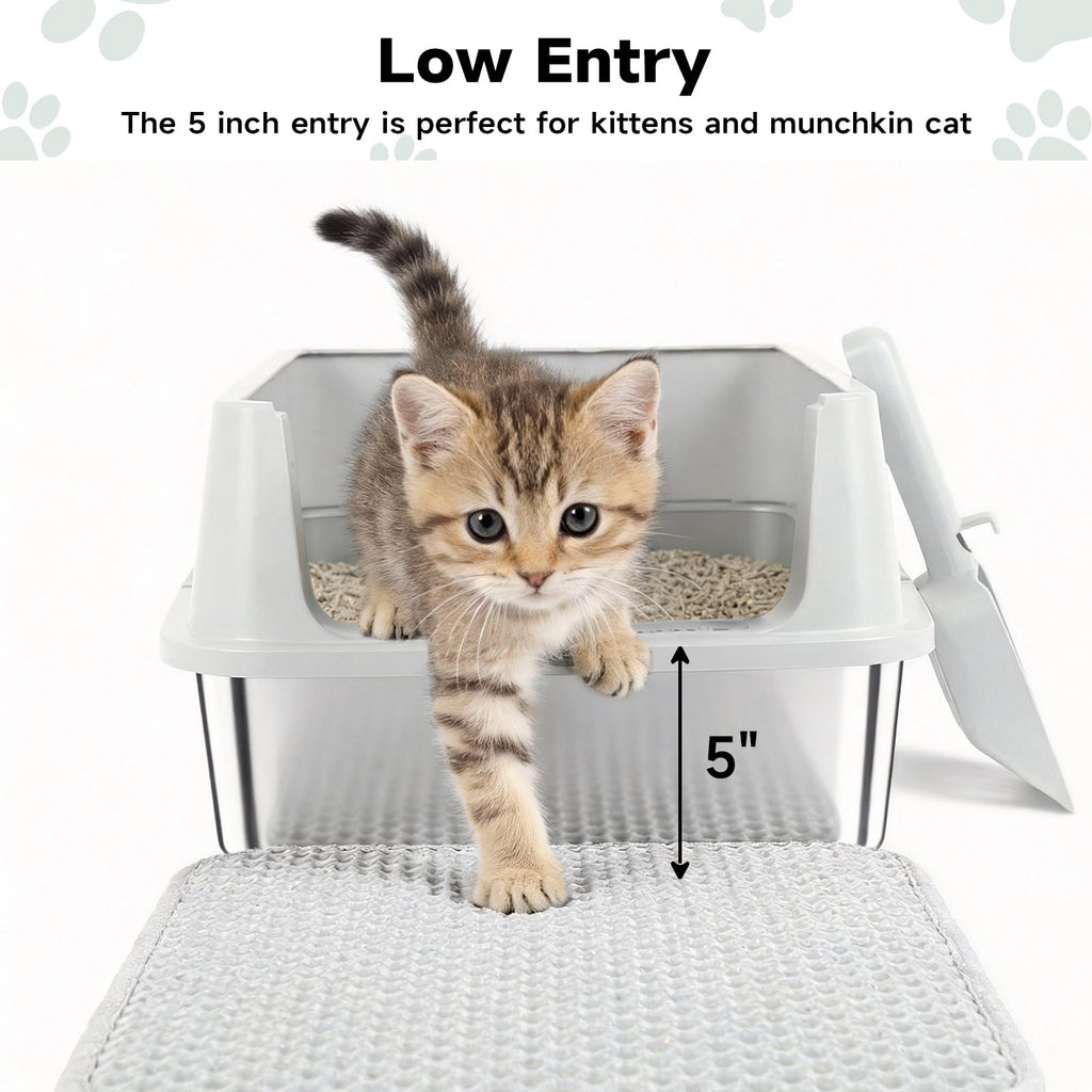 Stainless Steel Cat Litter Box with High Sides, Litter Mat, Scoop J6822