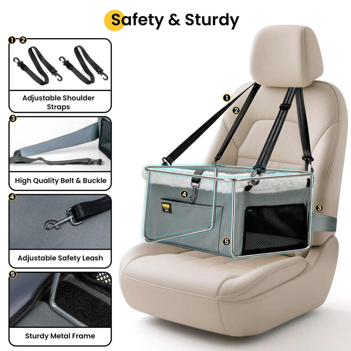Dog Car Seat Booster Steel Frame Grey F210020