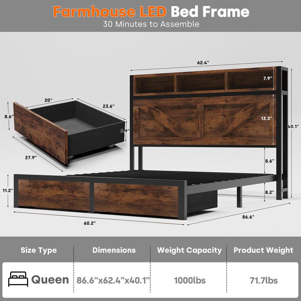 Queen Bed Frame with Bookcase Storage Headboard and 2 Storage Drawers F76935