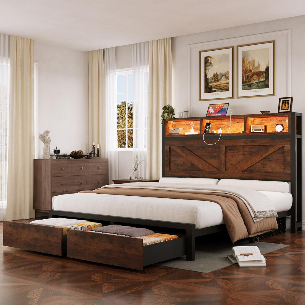 Queen Bed Frame with Bookcase Storage Headboard and 2 Storage Drawers F76935