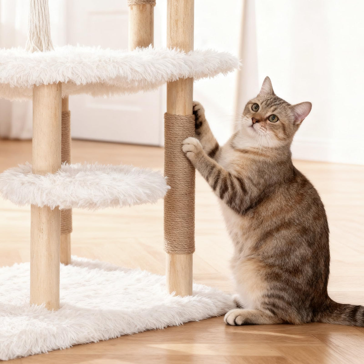 70" Tall Natural Solid Wooden Cat Tree Tower with Scratch Posts H780