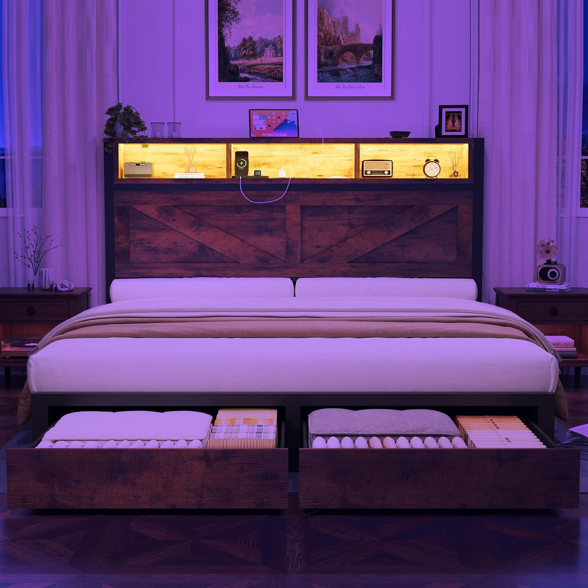 Queen Bed Frame with Bookcase Storage Headboard and 2 Storage Drawers F76935