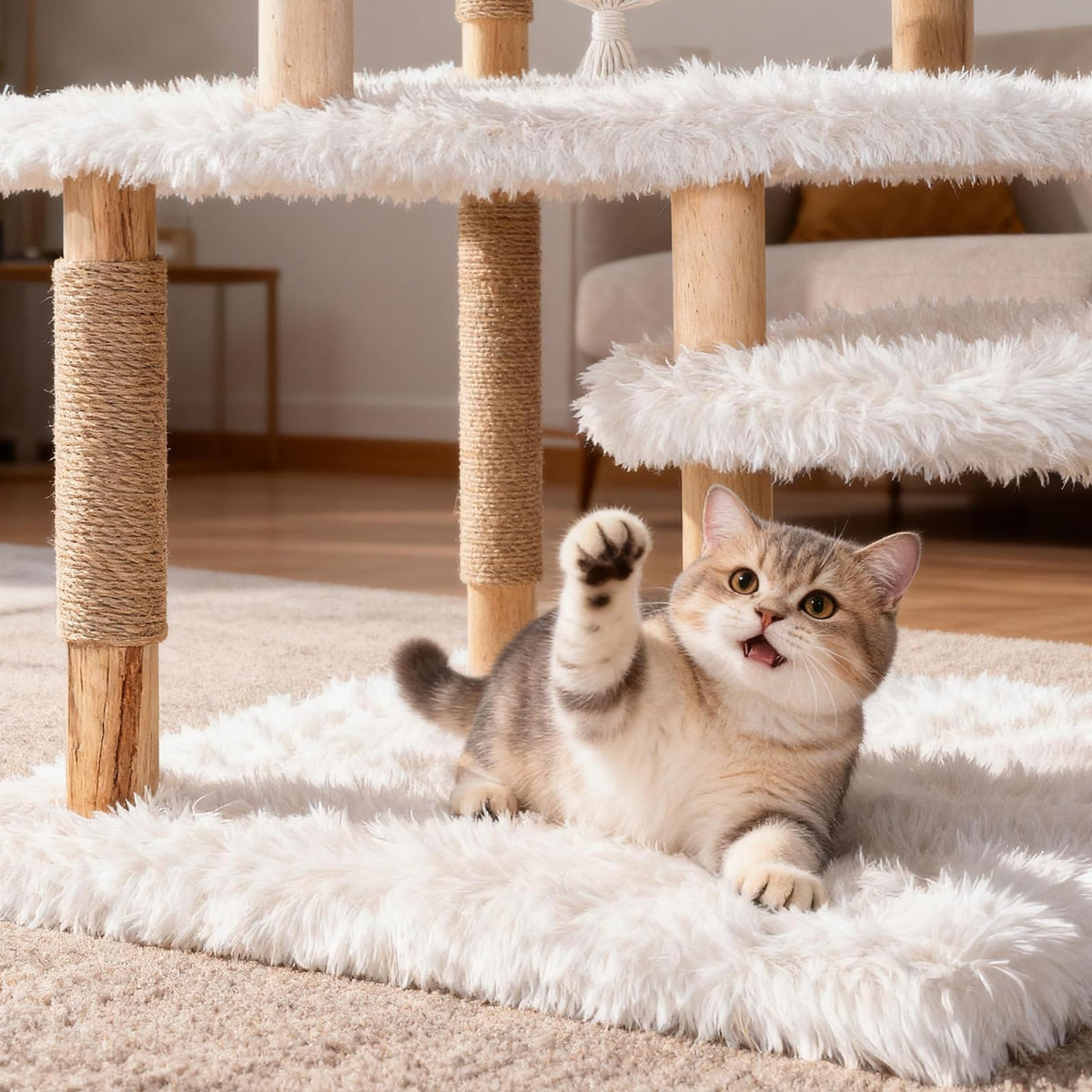 70" Tall Natural Solid Wooden Cat Tree Tower with Scratch Posts H780