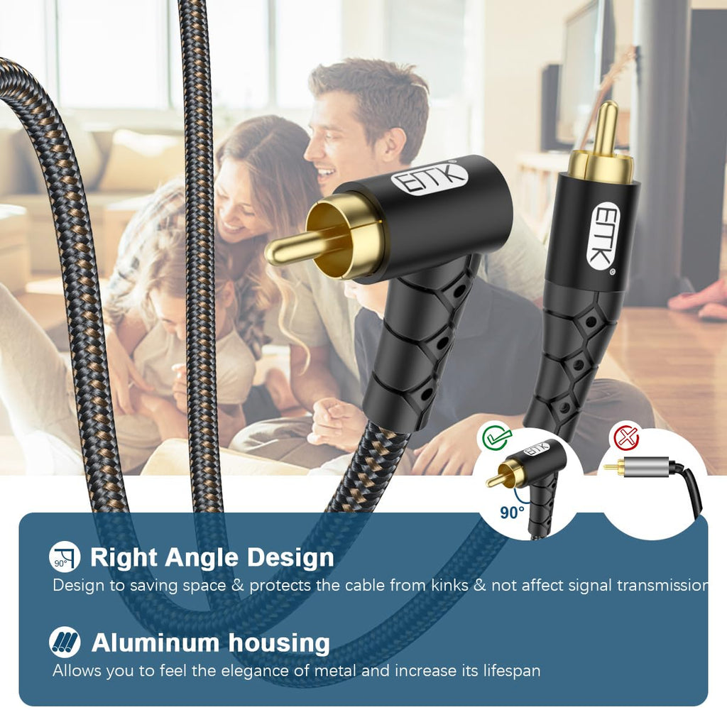 90 Degree RCA Subwoofer Cable 24K Gold-Plated Nylon Braided Double Shielded Black 10ft V1585