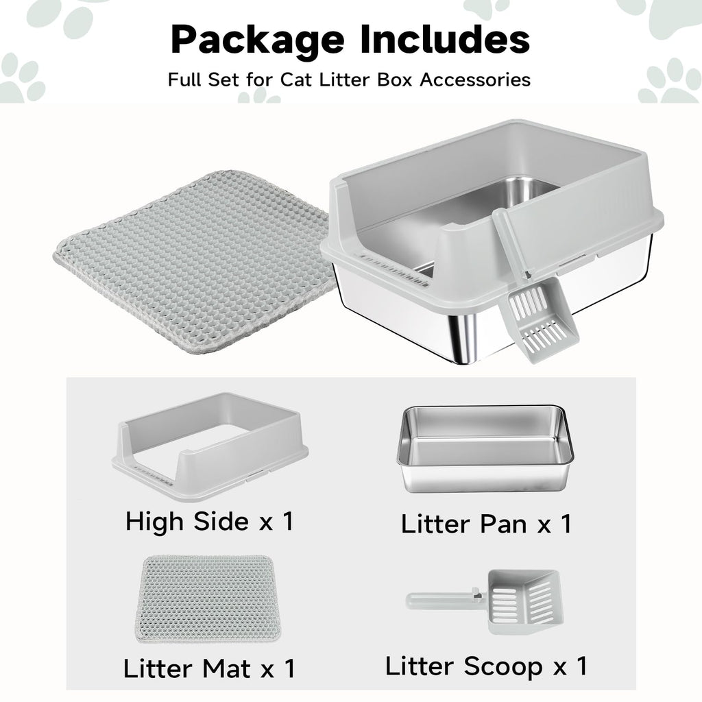 Stainless Steel Cat Litter Box with High Sides, Litter Mat, Scoop J6822