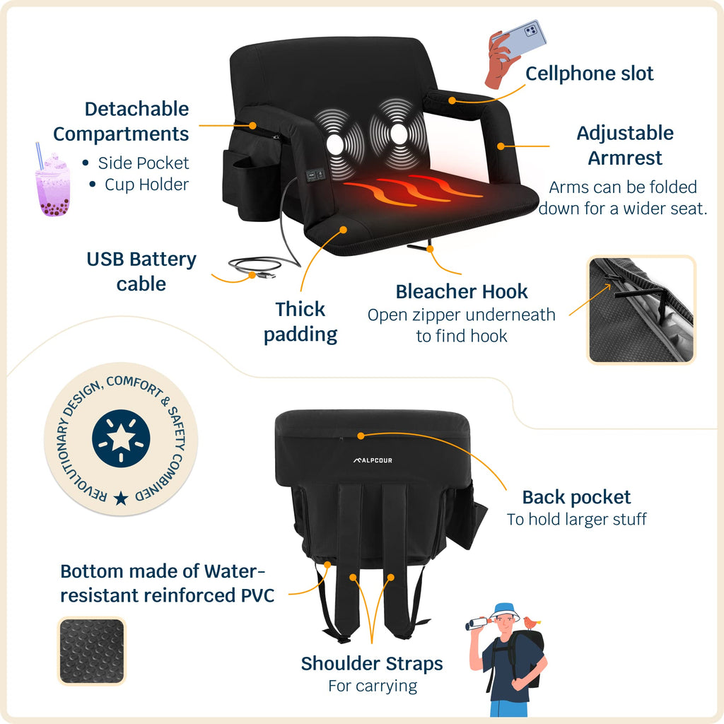 Heating Massage Reclining Stadium Seat with Arm Support B1892