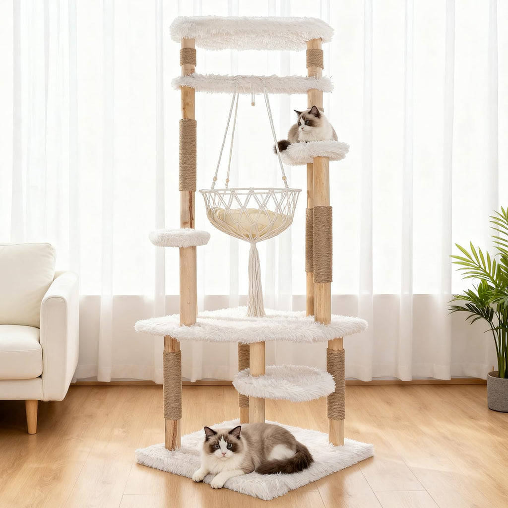 70" Tall Natural Solid Wooden Cat Tree Tower with Scratch Posts H780