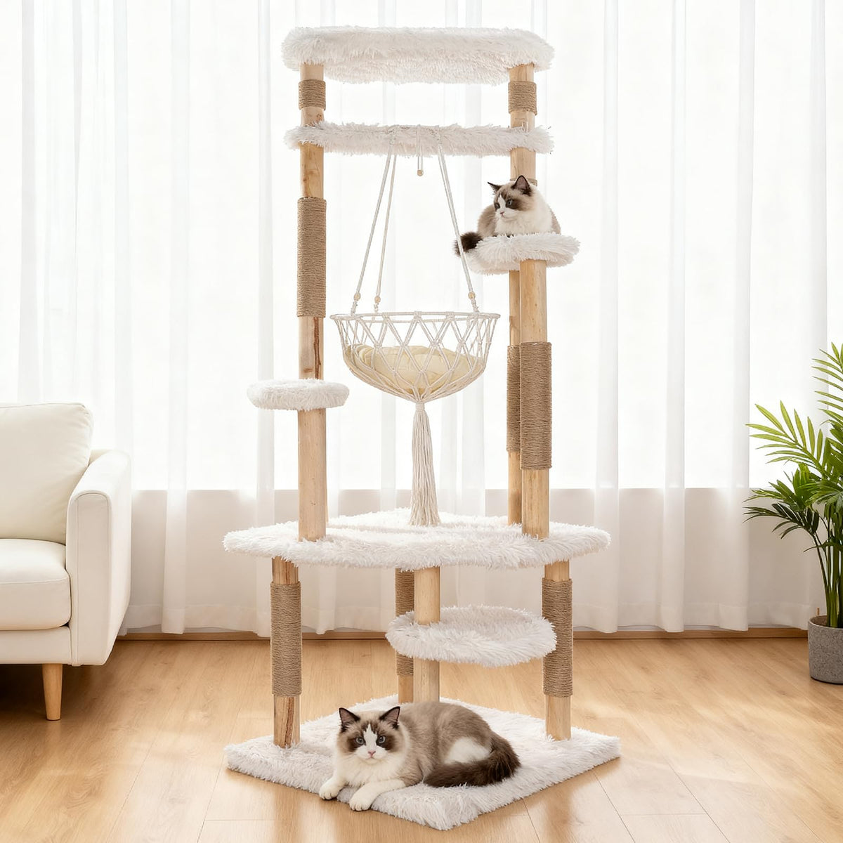 70" Tall Natural Solid Wooden Cat Tree Tower with Scratch Posts H780