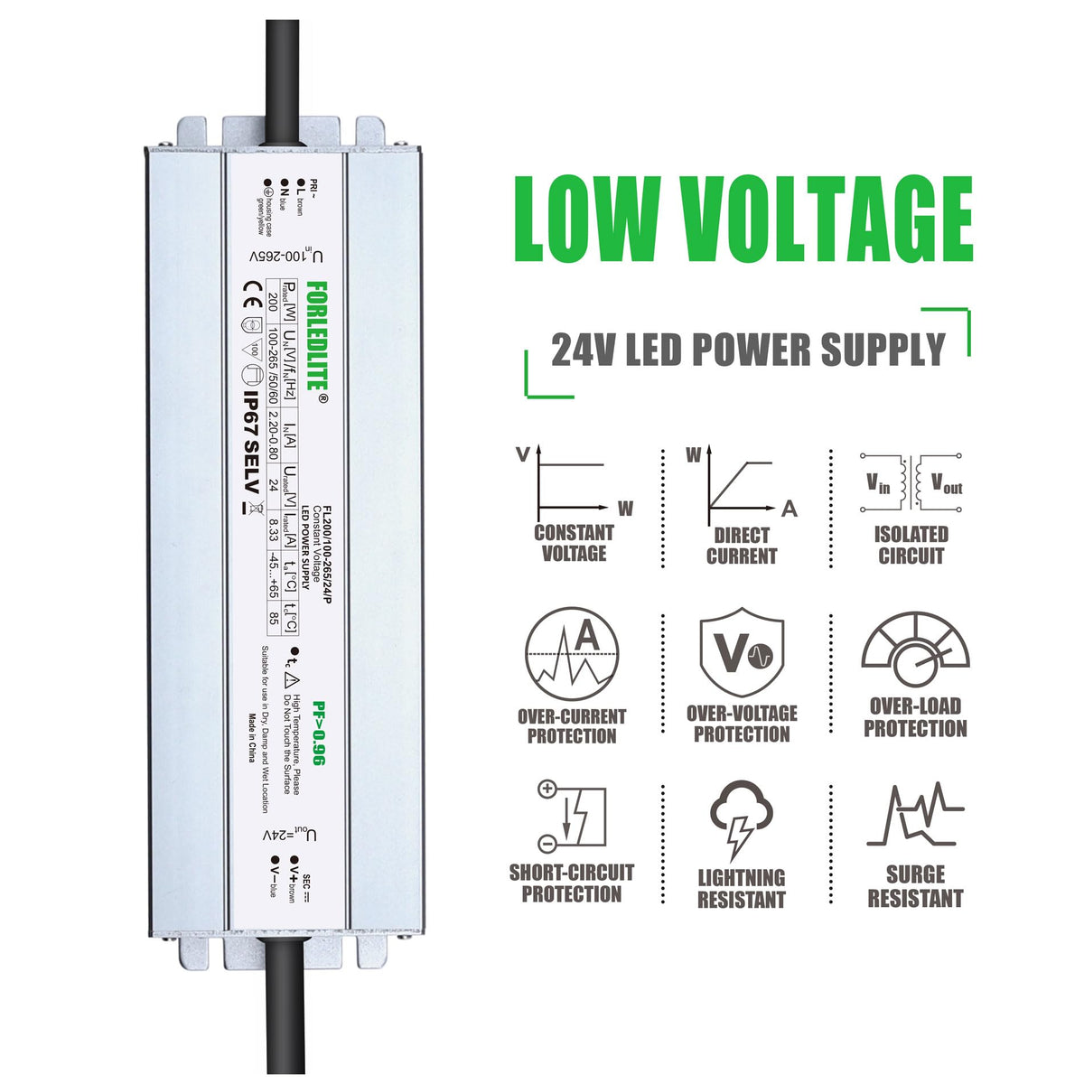 100~265V AC to DC 24V 200W IP67 Waterproof LED Power Supply Transformer X783