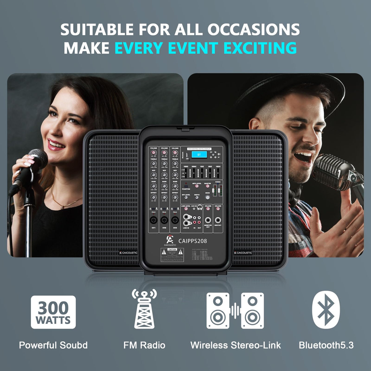 300W 8-Channel Bluetooth PA Speaker System with 8" Subwoofer and 1" Horn Tweeter C770216