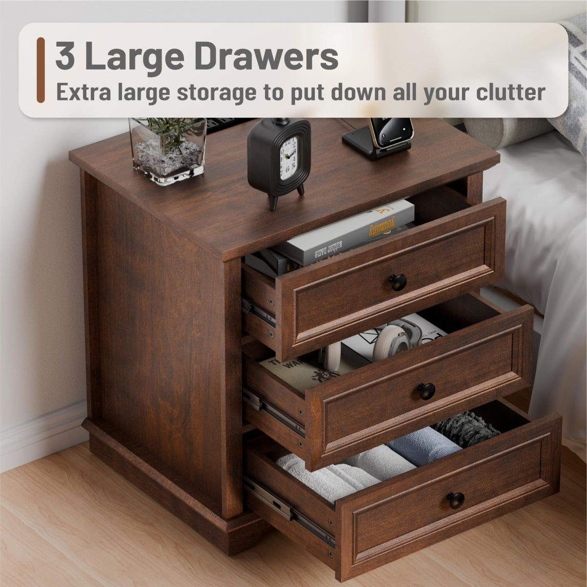 Cherry 3 Drawer Wood Nightstand with Charging Station W17497