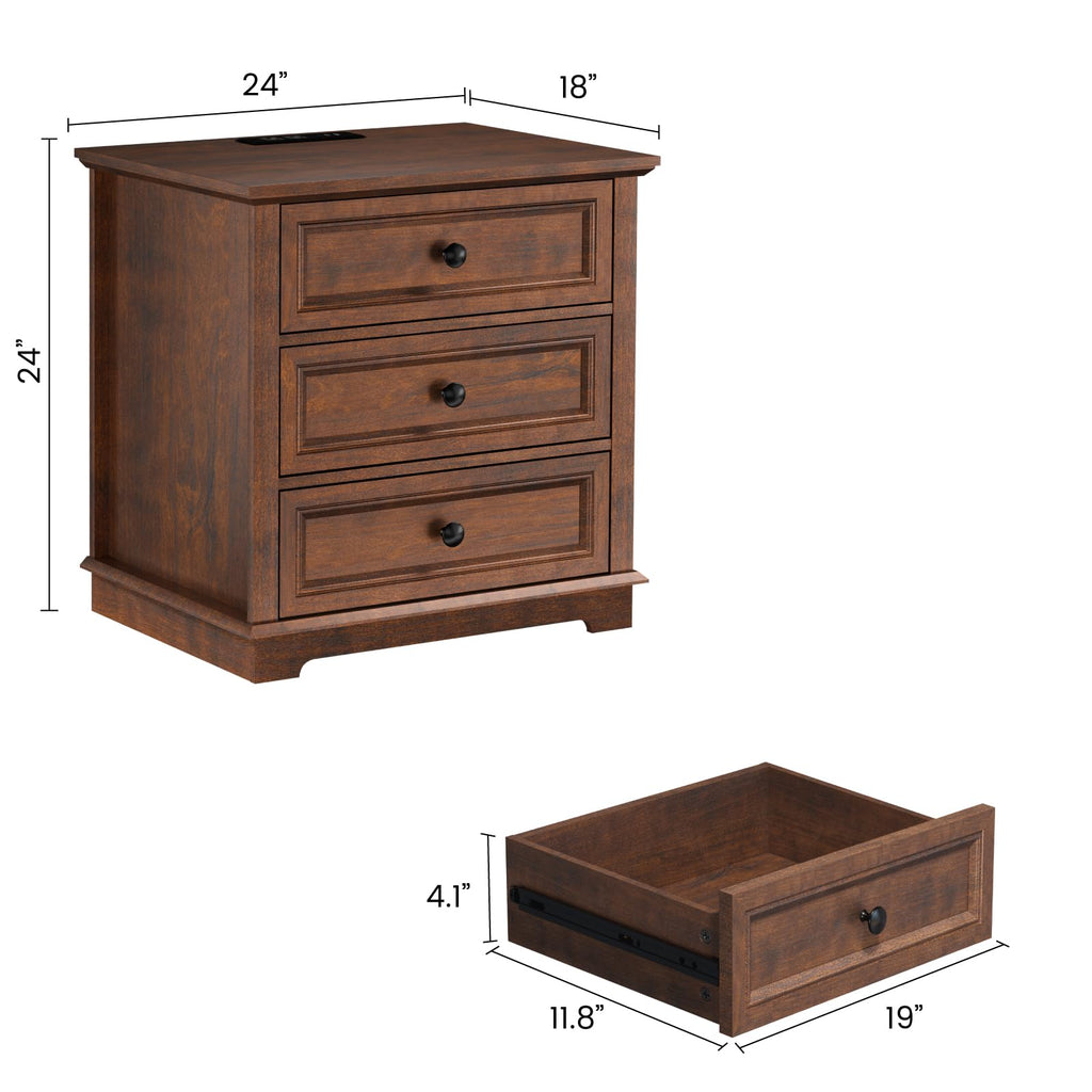 Cherry 3 Drawer Wood Nightstand with Charging Station W17497