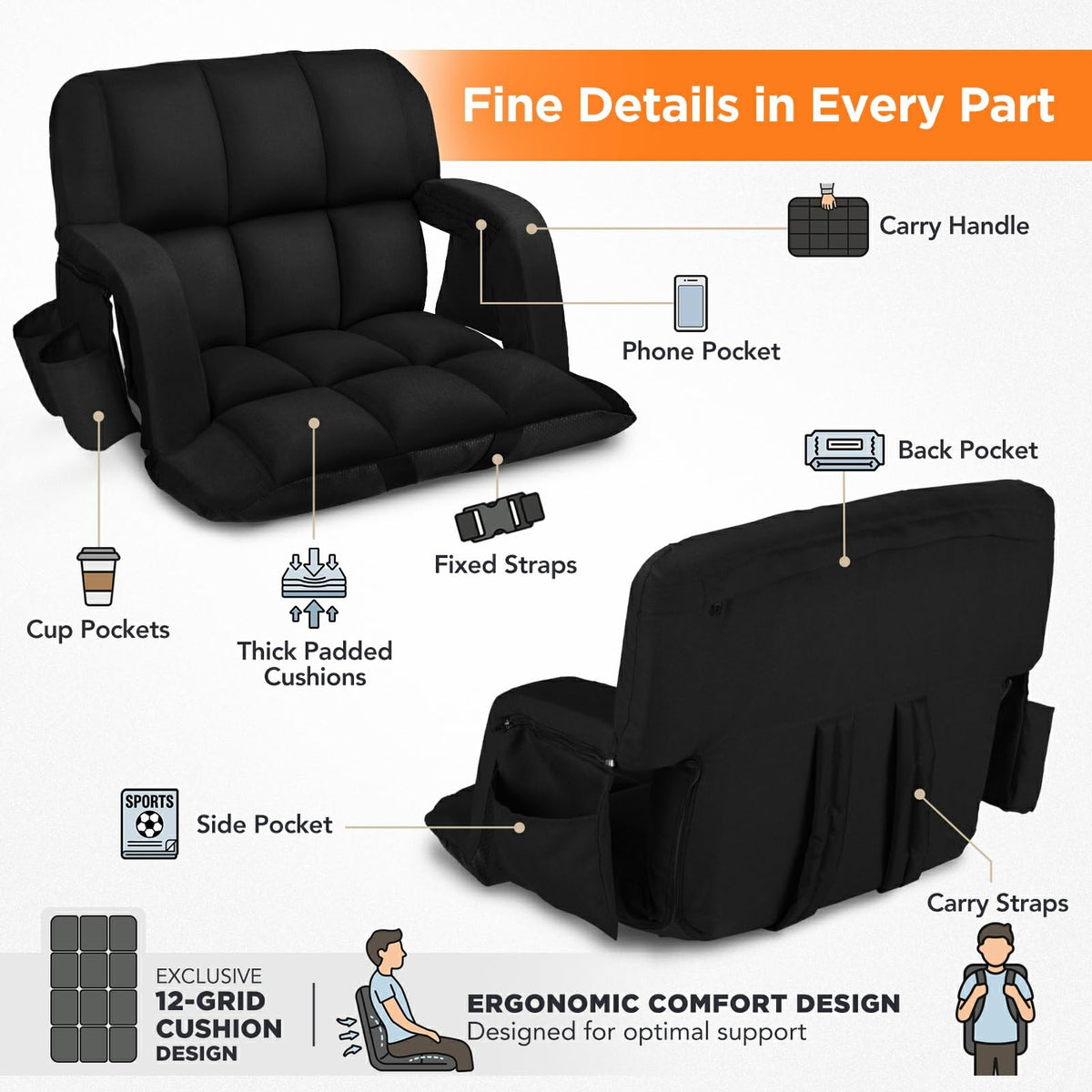 2 Pack 6 Reclining Positions Portable Stadium Seats with Back Support P3575