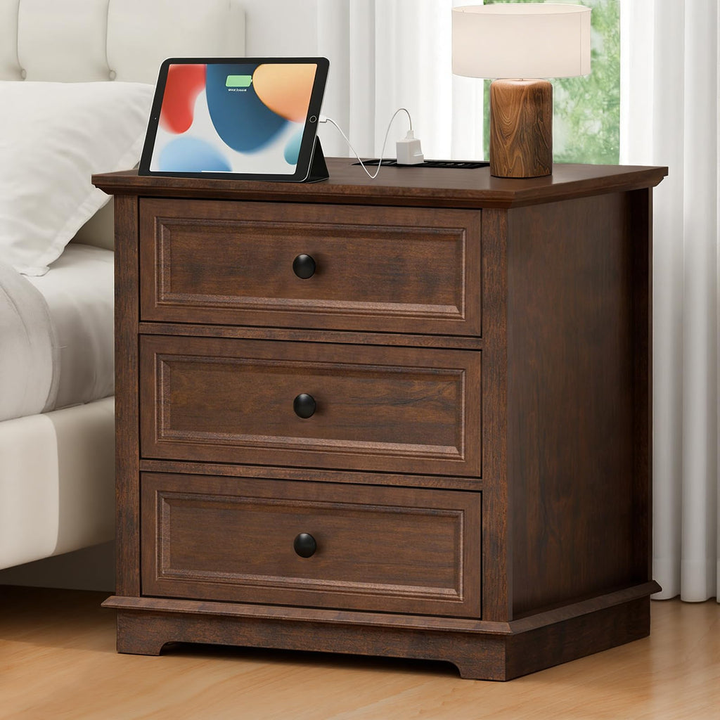 Cherry 3 Drawer Wood Nightstand with Charging Station W17497