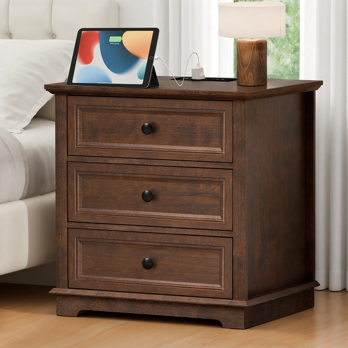 Cherry 3 Drawer Wood Nightstand with Charging Station W17497