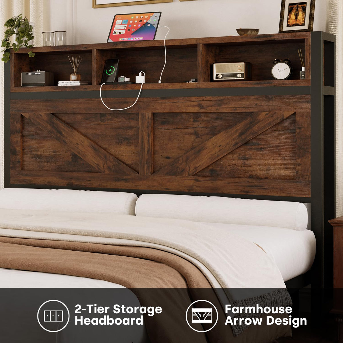 Queen Bed Frame with Bookcase Storage Headboard and 2 Storage Drawers F76935