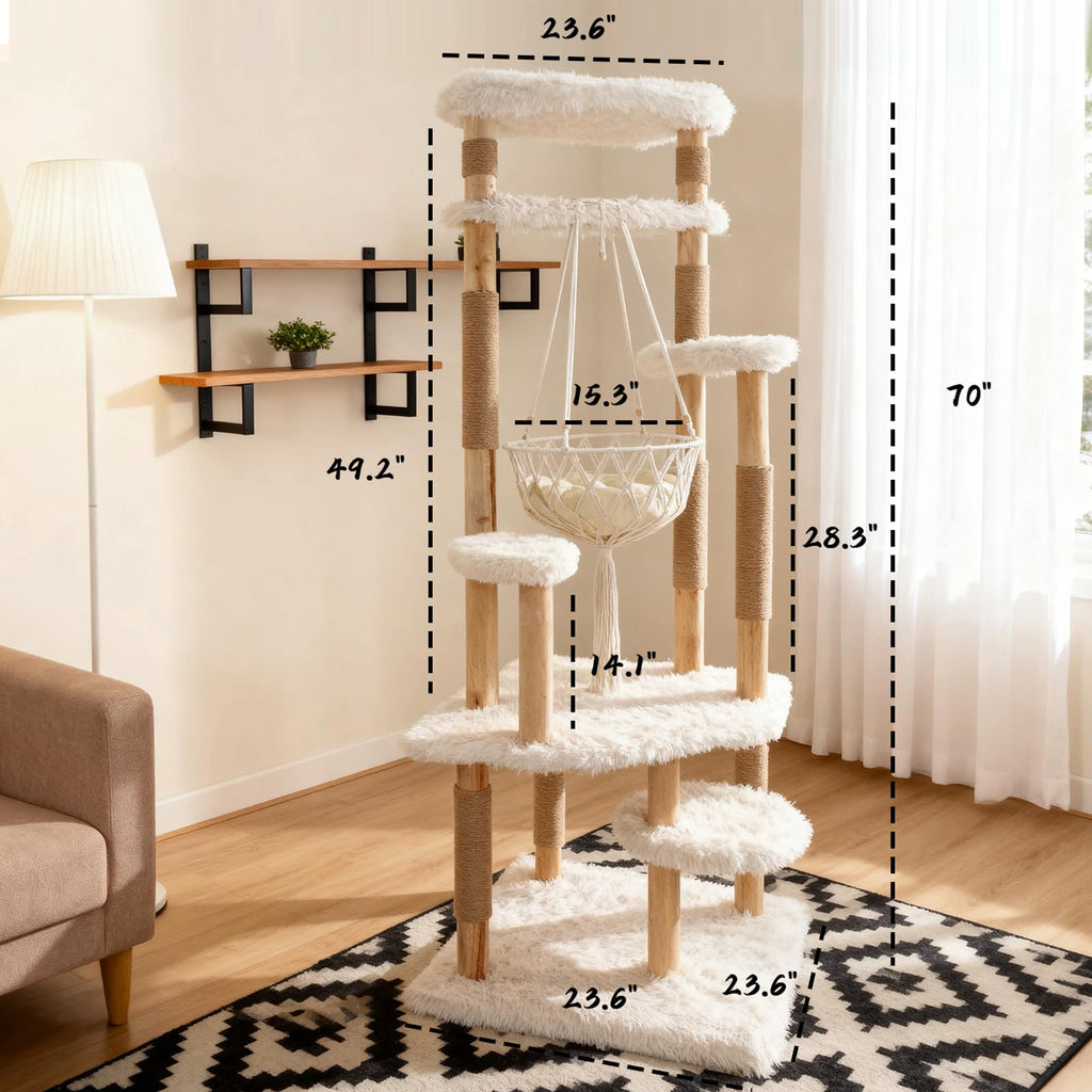 70" Tall Natural Solid Wooden Cat Tree Tower with Scratch Posts H780