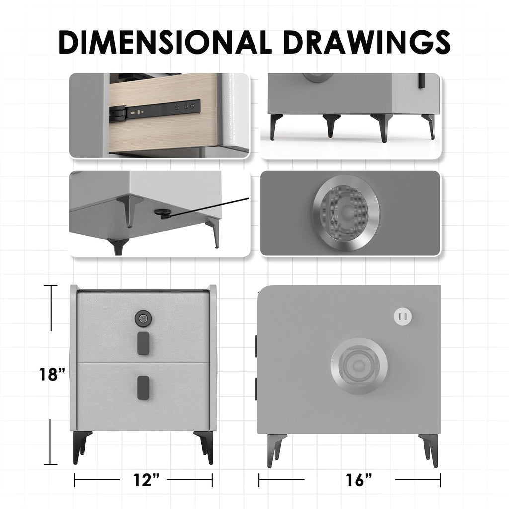 Grey 2 Drawer Nightstand with Wireless Charging Station Y855