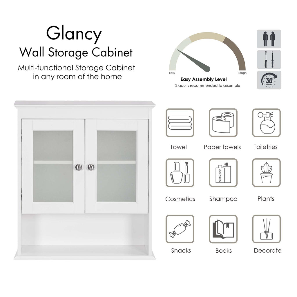 White Bathroom Wall Cabinet with Glass Doors Q489759