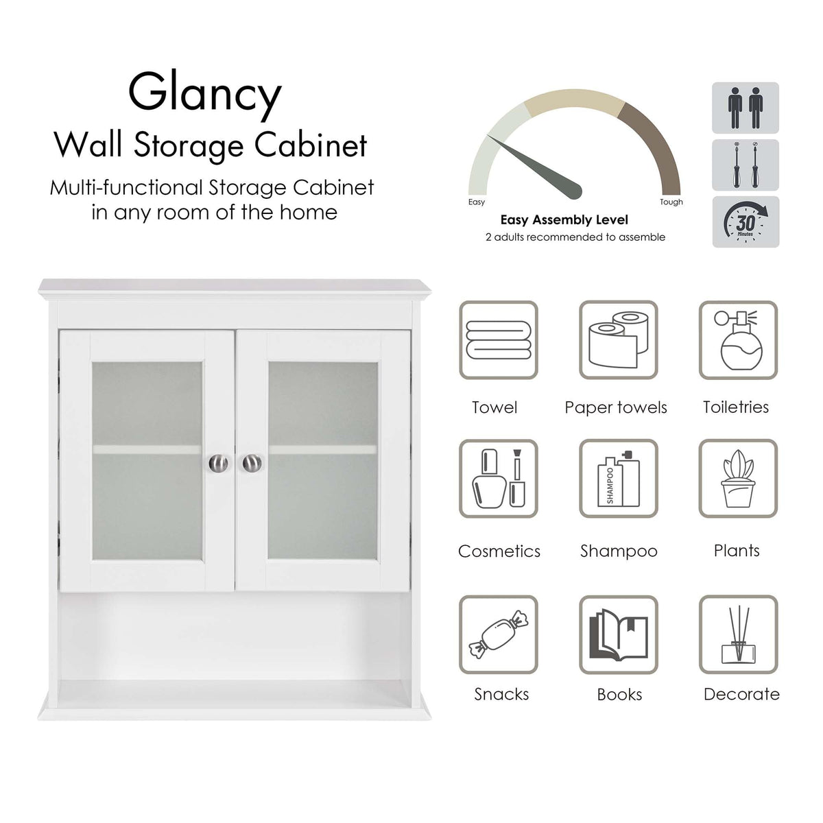 White Bathroom Wall Cabinet with Glass Doors Q489759