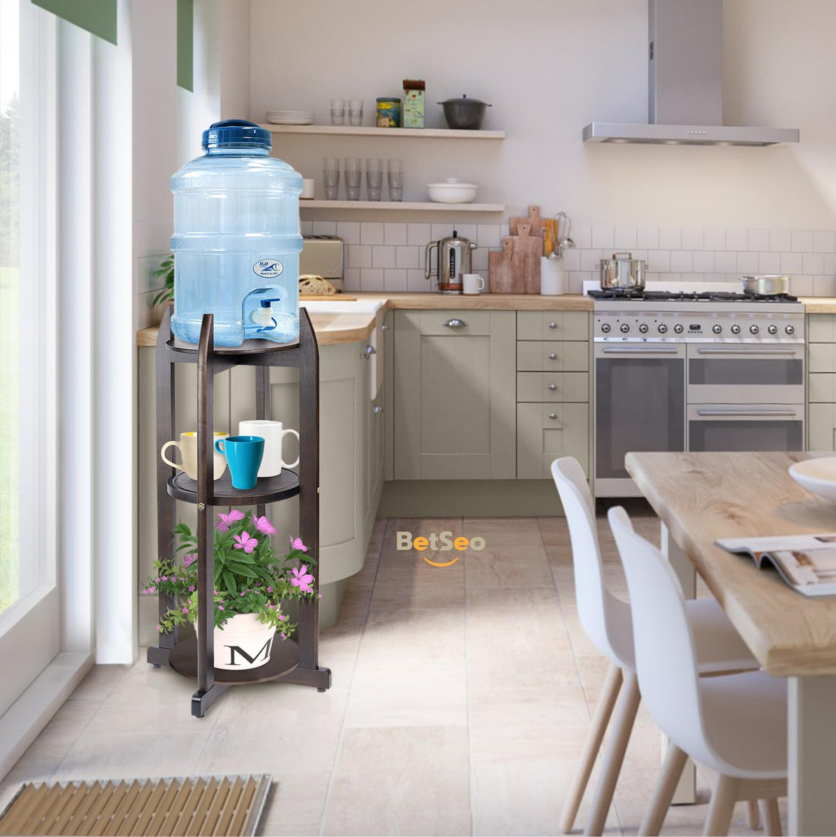 Solid Wood Water Dispenser Floor Stand with 3 Round Shelfs K5360