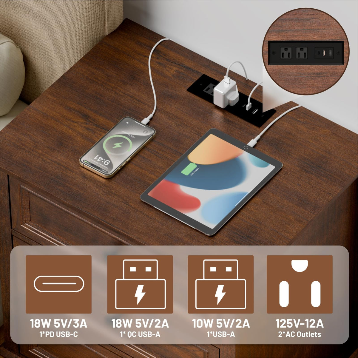 Cherry 3 Drawer Wood Nightstand with Charging Station W17497