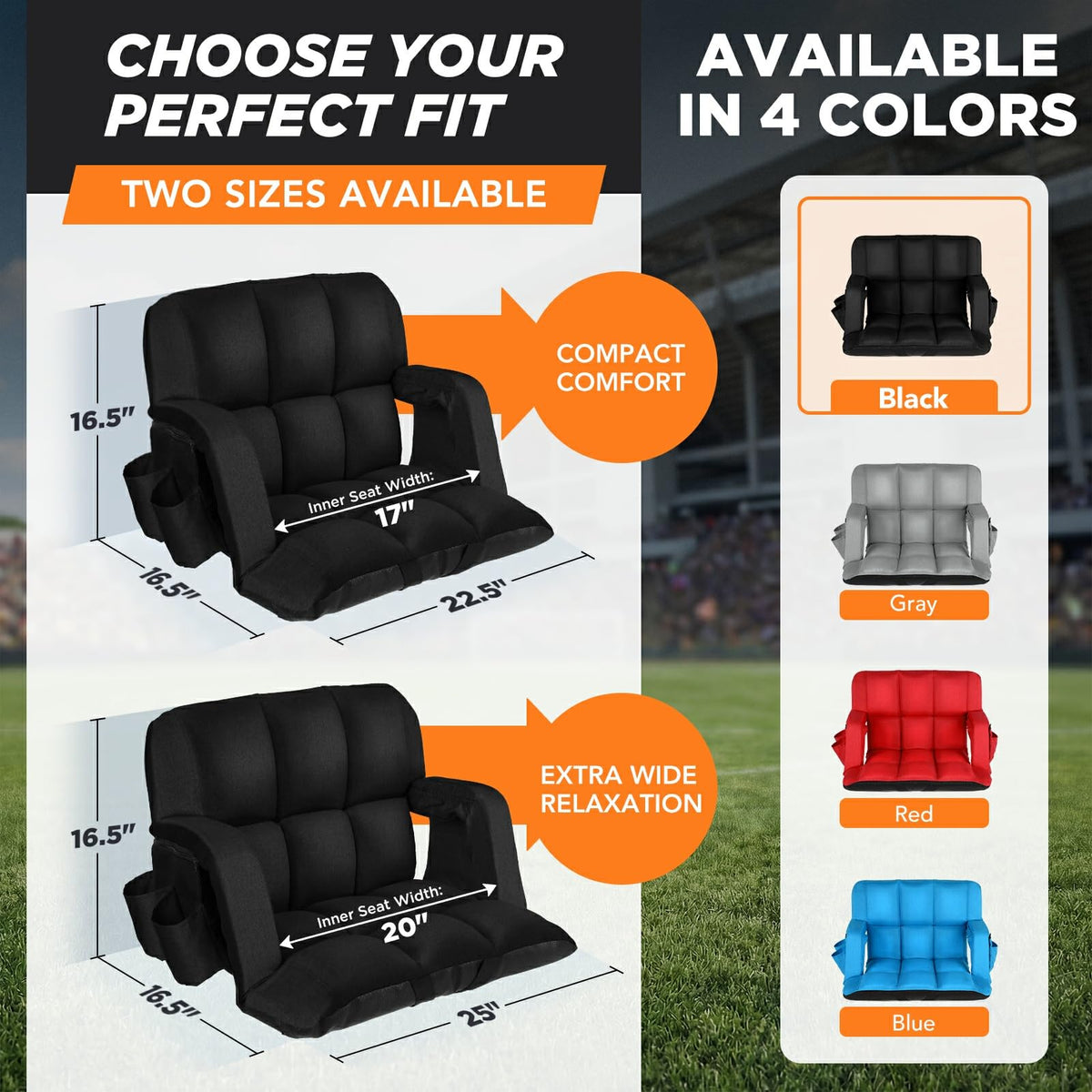 2 Pack 6 Reclining Positions Portable Stadium Seats with Back Support P3575