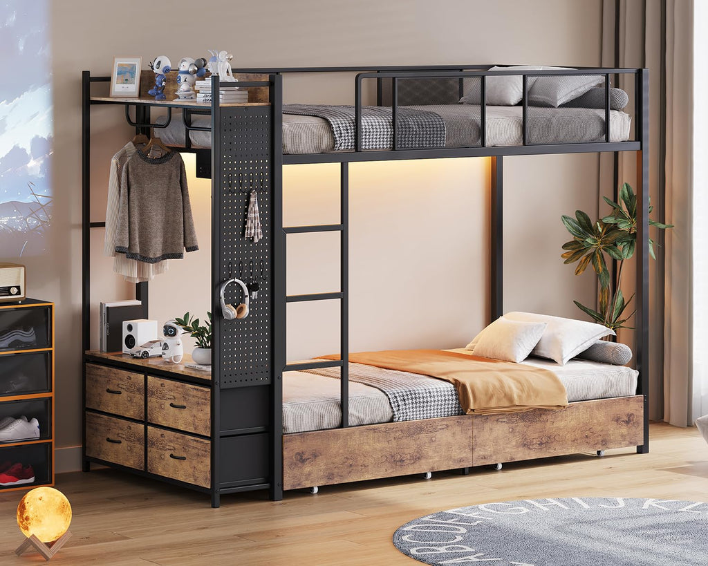 Twin Over Twin Metal Bunk Bed with Storage Drawers G75791