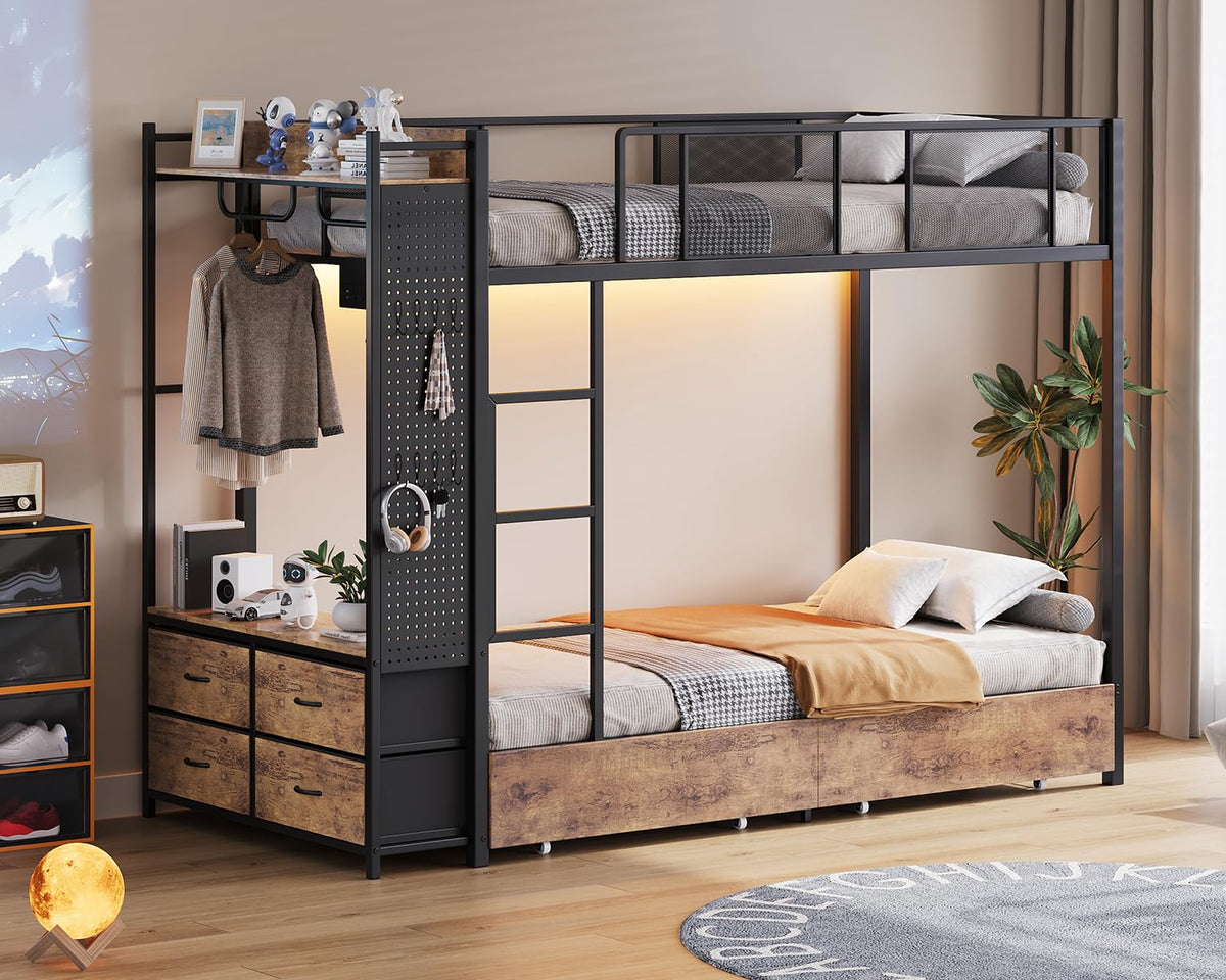 Twin Over Twin Metal Bunk Bed with Storage Drawers G75791