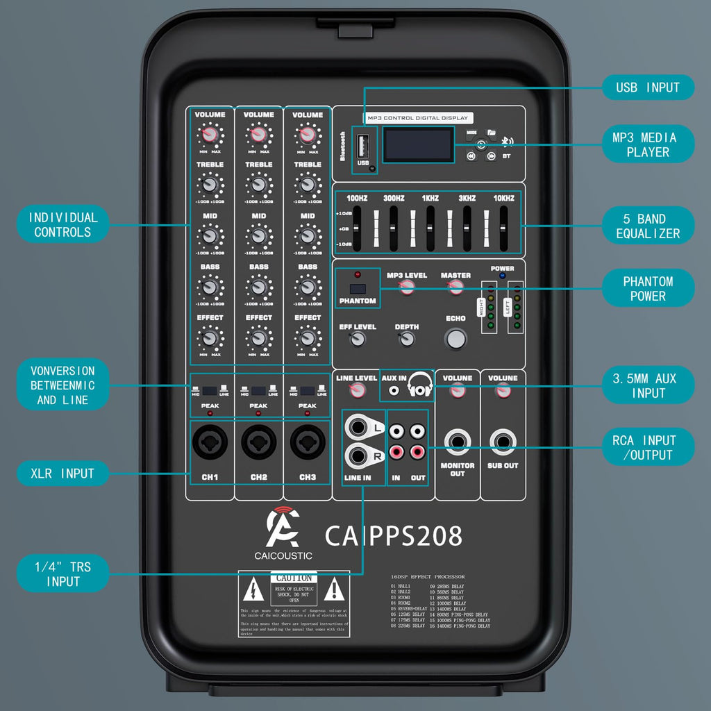 300W 8-Channel Bluetooth PA Speaker System with 8" Subwoofer and 1" Horn Tweeter C770216