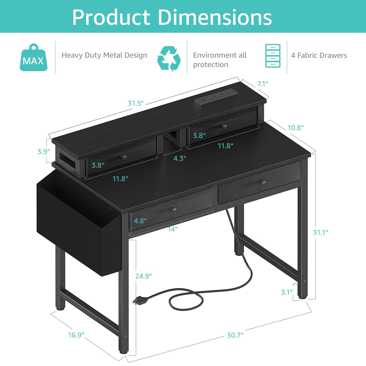 Black 31 inch Small Desk with Drawers Q824